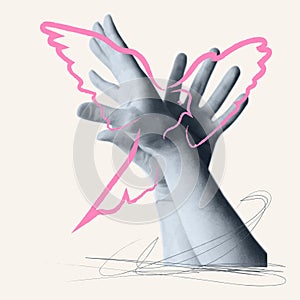 Intertwining of human male hands is like the wings of bird dove drawn line. Freedom, ease and peace concept