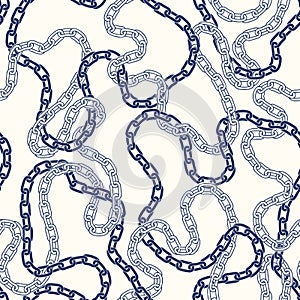 Intertwining Nautical Blue Chains on White Background Vector Seamless Pattern. Monochrome Marine Background