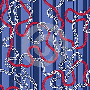 Intertwining Nautical Ropes, Chains and Stripes Vector Seamless Pattern. Trendy Red and Blue Marine Background