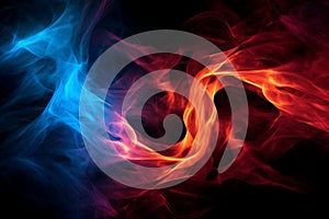 Intertwining red and blue flames mesmerize on a dark background.