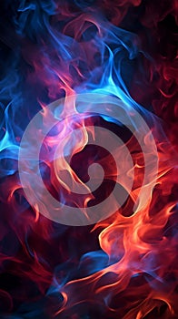 Intertwining red and blue flames mesmerize on a dark background