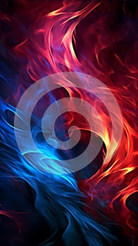 Intertwining red and blue flames mesmerize on a dark background