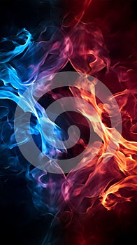 Intertwining red and blue flames mesmerize on a dark background