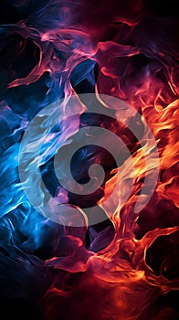 Intertwining red and blue flames mesmerize on a dark background