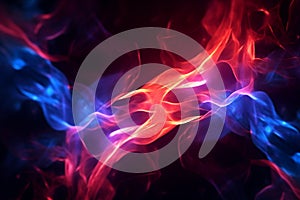 Intertwining red and blue flames mesmerize on a dark background. photo