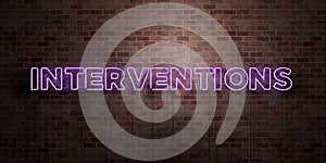 INTERVENTIONS - fluorescent Neon tube Sign on brickwork - Front view - 3D rendered royalty free stock picture photo