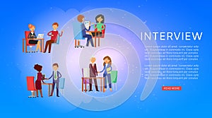 Interview, background information on banner, work with people, professional manager, design cartoon style vector