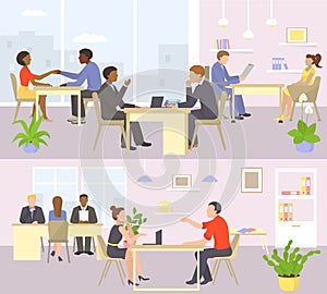 Interview for business job in office, vector illustration. Man woman character at work meeting, conversation with