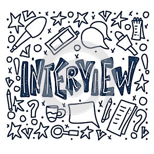 Interview design poster. Vector text with signs.