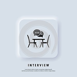 Interview icon. Conference meeting room, board flat icon. Concilium icon, business meeting. Office desk, chairs with a speech