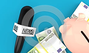 Interview microphone with piggy bank and euro currency