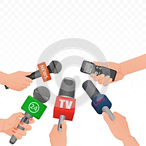 Interview news microphones and voice recorder in hands of reporters journalist press conference. Hot news banner