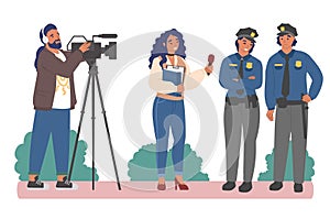 Interview with police officers. Female journalist interviewing policeman and policewoman, flat vector illustration.