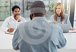 Interview, recruitment or hiring with hr team in meeting with job seeker, professional or unemployed man in company