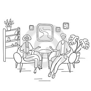 Interview show. Interviewer asks young man questions. Two people sit on chairs and talk. Hand drawn vector illustration