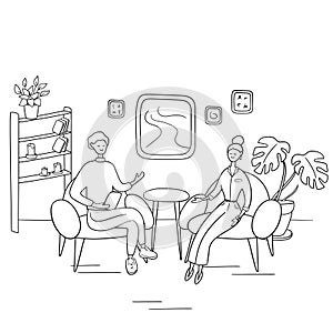 Interview show. Interviewer asks young woman questions. Two people sit on chairs and talk. Hand drawn vector