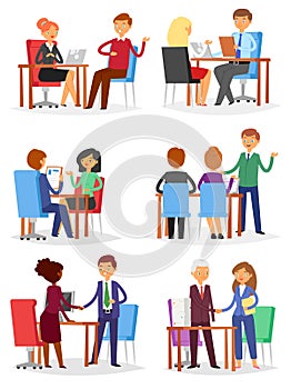 Interview vector interviewed people on business meeting and interviewee or interviewer in office illustration set of man photo