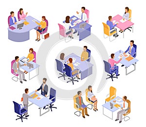 Interview vector interviewee or interviewer people on business meeting and in office illustration set of interviewed man