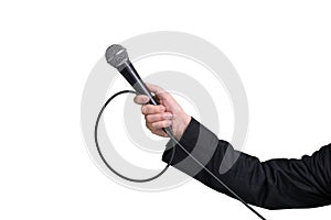 Interviewer or reporter with microphone in hand view from one si