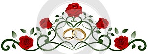 Interwined wedding rings and red roses decoration