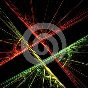 Interwoven red, yellow, and green fractal lines form a dynamic X-shaped pattern against photo
