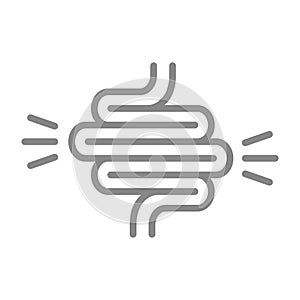 Intestine with acute pain line icon. Ulcerative colitis, bloating, sigmoid volvulus symbol