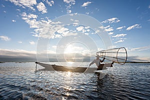 Intha fishermen in Inle Lake at sunrise, Inle, Shan State, Myanmar