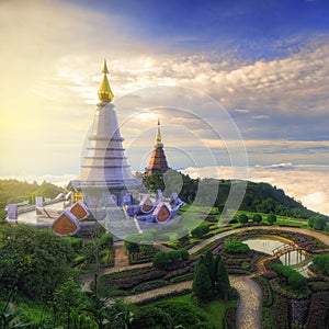 Inthanon mountain Landscape of two pagoda (noppha methanidon-noppha phon phum siri stupa), chiang mai, Thailand