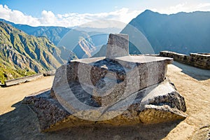 Intihuatana, sacred sun dial in Inca ruins Machu Picchu, Peru, South America