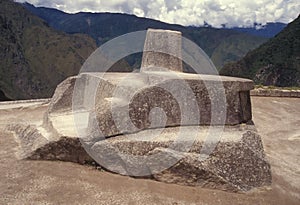 Intihuatana stone at Machu Picchu, Peru.