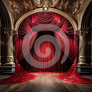 Intimate allure, Small stage adorned with lush red velvet curtains
