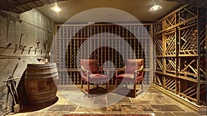 An Intimate Basement Wine Cellar Enhanced with a Wooden Barrel and Accompanied by Two Eye-Catching Red High Chairs