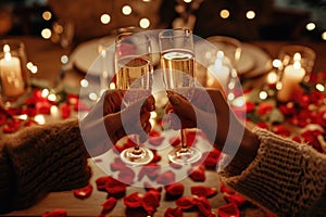 An intimate candlelit dinner: two toasting champagne glasses, table adorned with rose petals, and the soft candlelight