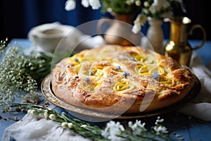 An intimate capture of Tsoureki, the beloved Greek Easter bread, showcased on a table adorned with olive branches and