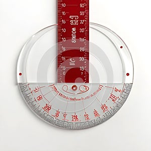 An Intimate Close-Up of a White Drafting Protractor with Red Measurement Lines