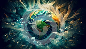 Intimate closeup of Earth, looking vibrant yet trapped inside a transparent plastic bottle, depicting the urgency of