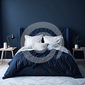 Intimate Haven: Mockup of Cozy Dark Blue Bedroom