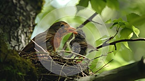 Intimate moment of a mother bird nourishing her newborns in the warmth of sunrise