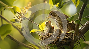 Intimate moment of a mother bird nourishing her newborns in the warmth of sunrise