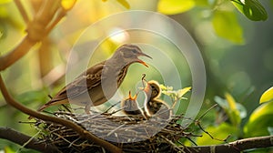 Intimate moment of a mother bird nourishing her newborns in the warmth of sunrise photo