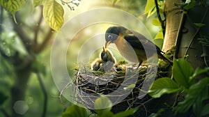 Intimate moment of a mother bird nourishing her newborns in the warmth of sunrise photo