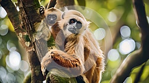 Gibbons Embracing on a Tree Branch: A Display of Affection in Nature. Captivating Wildlife Photography. Tender Moments photo