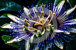 An intimate view of a passion flower, showcasing its unique, alien-like structure