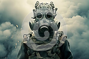 Intimidating Man in air gas mask. Generate Ai