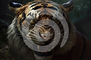 An intimidating sabertoothed tiger its gaze locking with its prey in a deadly stalemate.. AI generation