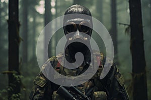 Intimidating Soldier mask forest camo. Generate Ai