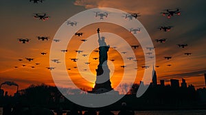 Intimidating UAV Unmanned Aircraft Drones Flying Near The United States Statue of Liberty In New York