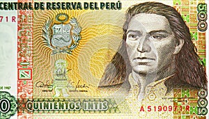 500 Intis banknote, Bank of Peru, closeup bill fragment shows Jose Gabriel Condorcanqui Tupac Amaru II