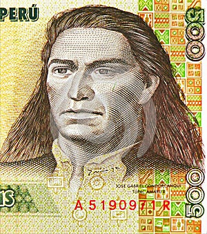 500 Intis banknote, Bank of Peru, closeup bill fragment shows Jose Gabriel Condorcanqui Tupac Amaru II