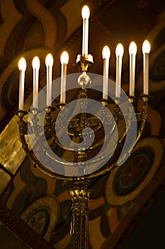 Intnnier of the Moscow Choral Synagogue.Nine-leafed or menorrhate Hanukkah, Hanukkah lamp